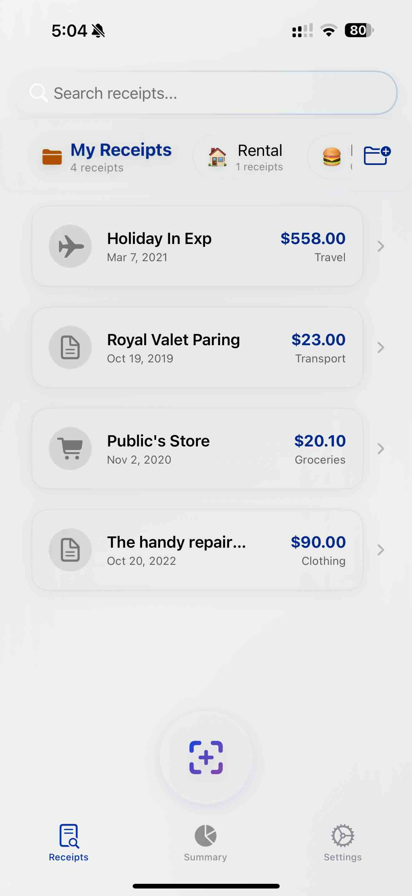 Receiptory app interface